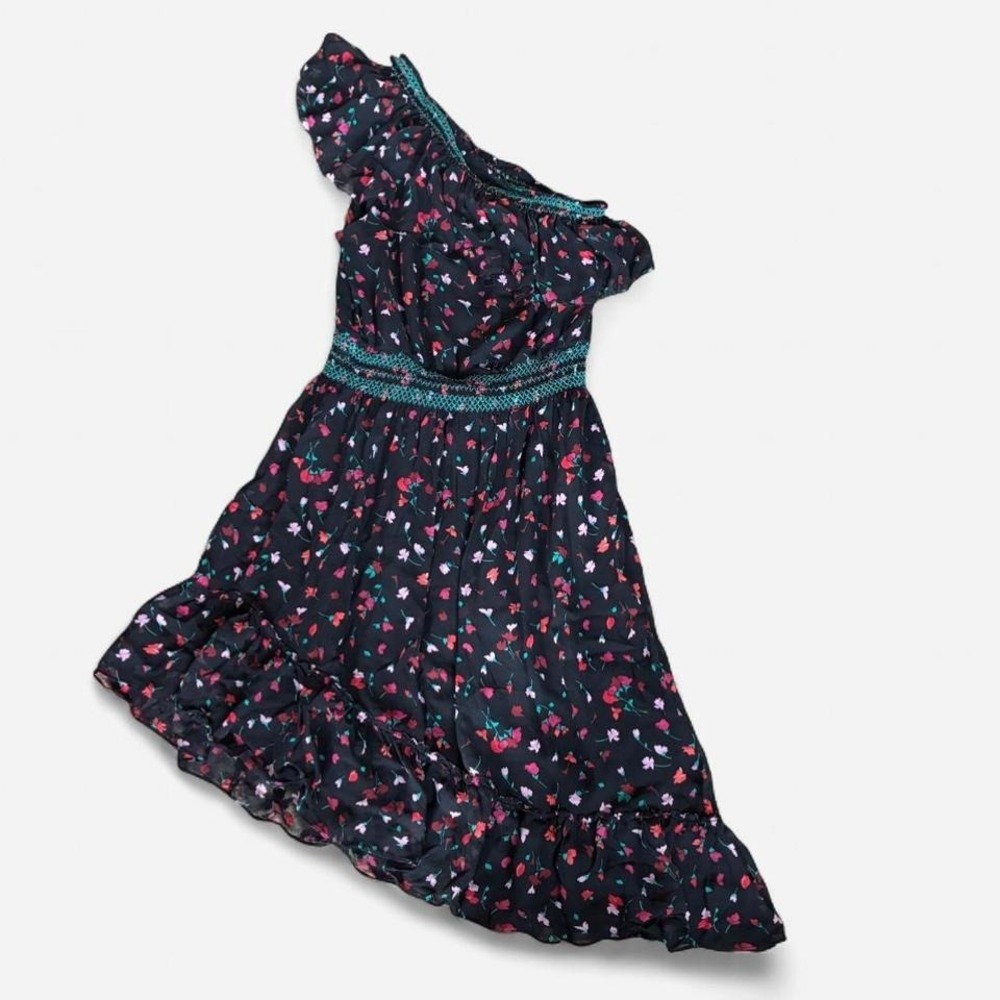 Joie Silk One‎ Shoulder Milk Maid Black & Pink floral with ruffle hem Sz Small